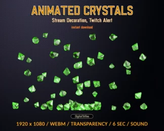 Green crystals Twitch alert, animated full screen overlay, falling sparkle gemstones, stream decoration rain of gems. This is perfectly for new subs, cheers, donations, bits, gifts etc