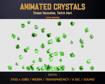 Green crystals Twitch alert, animated full screen overlay, falling sparkle gemstones, stream decoration rain of gems. This is perfectly for new subs, cheers, donations, bits, gifts etc