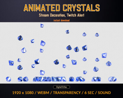 Blue crystals Twitch alert, animated full screen overlay, falling sparkle gemstones, stream decoration rain of gems. This is perfectly for new subs, cheers, donations, bits, gifts etc