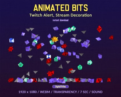 Twitch alerts animated bits falling colored crystals, stream decoration with transparent background and fall gems sound. Full screen overlay, alert that you've received cheering bits on your streaming channel, support, donation or celebration. This is perfectly for new subs, cheers, bits, gifts etc