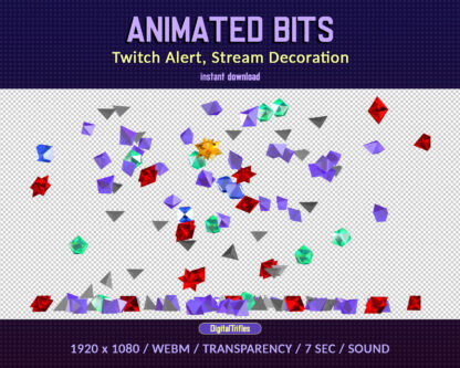 Twitch alert animated bits falling colored crystals, stream decoration with transparent background and fall gems sound. Full screen overlay, alert that you've received cheering bits on your streaming channel, support, donation or celebration. This is perfectly for new subs, cheers, bits, gifts etc