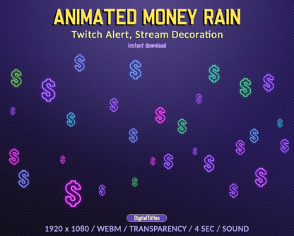 Money rain twitch alert, falling dollars stream overlay, colored $, stream decoration with transparent background and sound for streamers and vtubers. Receive donations from viewers on your streams and festive this with Money rain!