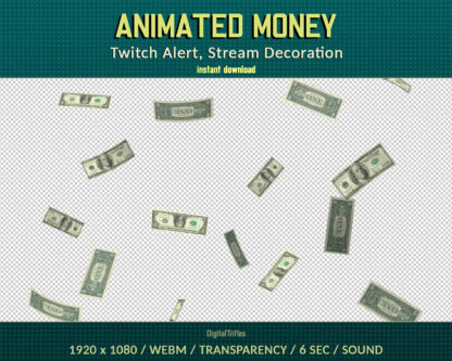 Falling money stream overlay, fly dollars, Twitch alerts with transparent background and sound for streamers and vtubers. Receive donations from viewers on your streams and сelebrate this with $ cash rain!