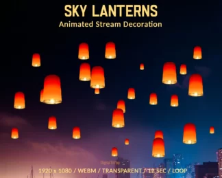 Sky lanterns Twitch overlay, animated full screen holiday stream decorations for fest parties of Lunar New Year, weddings, birthdays and more. Shining twinkling paper wish lanterns on a transparent background, loop, asset for streamers and vtubers