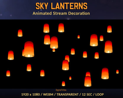 Sky lanterns Twitch overlay, animated full screen holiday stream decorations for fest parties of Lunar New Year, weddings, birthdays and more. Shining twinkling paper wish lanterns on a transparent background, loop, asset for streamers and vtubers