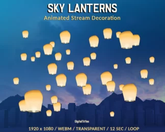 Chinese lanterns Twitch overlay, animated full screen holiday stream decorations for fest parties of Lunar New Year, weddings, birthdays and more. Shining twinkling paper sky lanterns on a transparent background, loop, asset for streamers and vtubers
