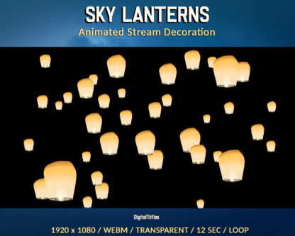Chinese lanterns Twitch overlay, animated full screen holiday stream decorations for fest parties of Lunar New Year, weddings, birthdays and more. Shining twinkling paper sky lanterns on a transparent background, loop, asset for streamers and vtubers