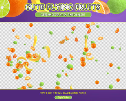Animated fruits Twitch alert, stream decoration, fullscreen Twitch overlay with a transparent background. Cute 3d fruits flying: banana, orange, lime, lemon