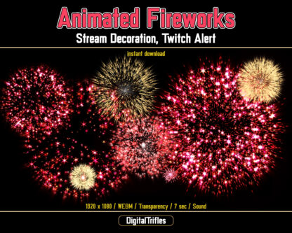 Twitch alert red fireworks, fullscreen stream overlay. You can add red and gold sparkle bursts as an alert to your stream for new subs, cheers, bits etc. Transparent WEBM file is suitable as stream decoration for IRL, game streaming and just chatting for Twitch, Youtube, for streamers and Vtubers. This is perfect for celebrating Christmas, New Year, Birthday etc. Firework sound is included