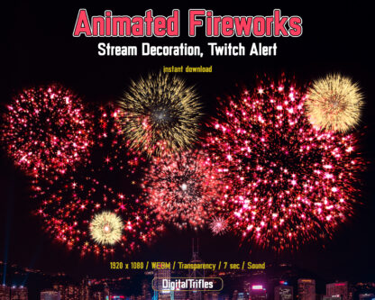 Twitch alert red fireworks, fullscreen stream overlay. You can add red and gold sparkle bursts as an alert to your stream for new subs, cheers, bits etc. Transparent WEBM file is suitable as stream decoration for IRL, game streaming and just chatting for Twitch, Youtube, for streamers and Vtubers. This is perfect for celebrating Christmas, New Year, Birthday etc. Firework sound is included