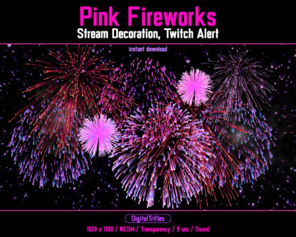 Pink Twitch alert fireworks, fullscreen animated stream overlay. You can add pink sparkle bursts as an alert to your stream for new subs, cheers, bits etc. Transparent WEBM file is suitable as stream decoration for IRL, game streaming and just chatting for Twitch, Youtube, for streamers and Vtubers. This is perfect for celebrating Christmas, New Year, Birthday etc. Firework sound is included
