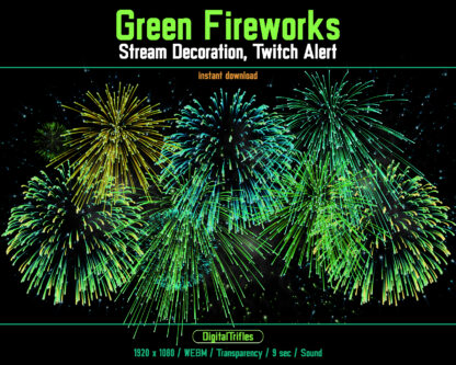 Twitch overlay green fireworks, fullscreen animated stream alert. You can add green sparkle bursts as an alert to your stream for new subs, cheers, bits etc. Transparent WEBM file is suitable as stream decoration for IRL, game streaming and just chatting for Twitch, Youtube, for streamers and Vtubers. This is perfect for celebrating St. Patrick's day, Christmas, New Year, Birthday etc. Firework sound is included
