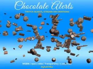 Animated Twitch alerts chocolate and candy fireworks are cute stream decorations. Add a little sweets and "junk food" assets to your streaming! Twitch overlays with a transparent background. You get two animation options: falling chocolates, candy, coffee beans and sweet choco fireworks