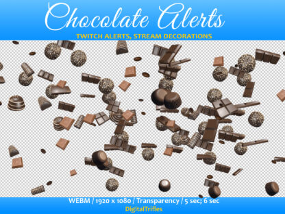 Animated Twitch alerts chocolate and candy fireworks are cute stream decorations. Add a little sweets and "junk food" assets to your streaming! Twitch overlays with a transparent background. You get two animation options: falling chocolates, candy, coffee beans and sweet choco fireworks