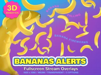 Cute Twitch alerts banana stream overlay, 3D fullscreen animated decoration with transparent background for streamers and vtubers. You get three animation options: banana rain and two banana fireworks