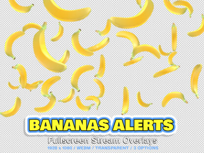 Cute Twitch alerts banana stream overlay, 3D fullscreen animated decoration with transparent background for streamers and vtubers. You get three animation options: banana rain and two banana fireworks