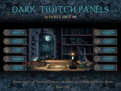 Magic Twitch panels dark blue sky night color with gold info icons. 36 streaming info panels for streamers, vtubers and gamers in different centuries. These stream overlays are suitable for fans of Fantasy, Dark Academy, Witchcraft, Adventures, Pirates, Medieval, Victorian and Modern aesthetics