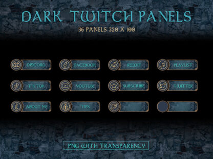 Magic Twitch panels dark blue sky night color with gold info icons. 36 streaming info panels for streamers, vtubers and gamers in different centuries. These stream overlays are suitable for fans of Fantasy, Dark Academy, Witchcraft, Adventures, Pirates, Medieval, Victorian and Modern aesthetics