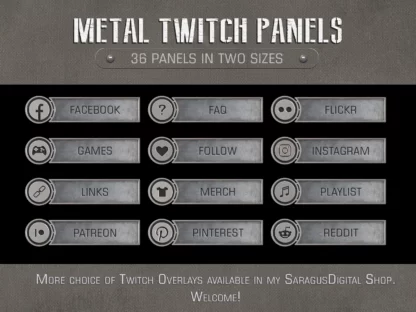 Iron minimalist Twitch panels for streamers and vtubers, aesthetics of post-apocalypse, cyberpunk, wargame. Metal shabby stream overlays are suitable for fans of historical battles 20th century and fantasy war games, as well as for military games dedicated to aviation, armored vehicles, naval, FPS, RPG