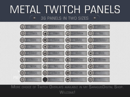 Iron minimalist Twitch panels for streamers and vtubers, aesthetics of post-apocalypse, cyberpunk, wargame. Metal shabby stream overlays are suitable for fans of historical battles 20th century and fantasy war games, as well as for military games dedicated to aviation, armored vehicles, naval, FPS, RPG