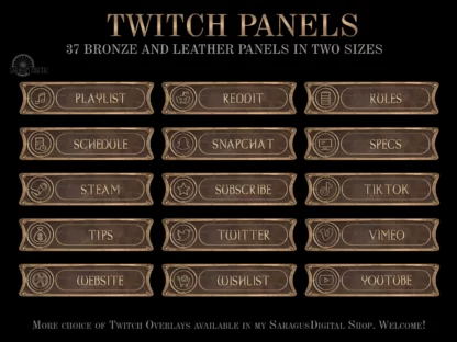 Twitch panels dark metal & leather for streamers, vtubers and gamers in different centuries. Shabby gold or bronze stream panels with leather background are suitable for roman, middle ages, Victorian and modern streaming channel designs. These streaming overlays are suitable for fans of dark academy, steampunk, medieval adventures, fantasy war games, pirates
