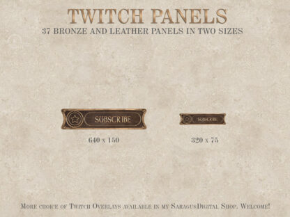 Twitch panels dark metal & leather for streamers, vtubers and gamers in different centuries. Shabby gold or bronze stream panels with leather background are suitable for roman, middle ages, Victorian and modern streaming channel designs. These streaming overlays are suitable for fans of dark academy, steampunk, medieval adventures, fantasy war games, pirates