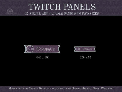 Dark purple Twitch panels with silver info icons and borders for streamers and vtubers. Suitable for fans of fantasy mysterious worlds, magic dark legends or for a witchy Twitch channel. Dark Academy, Witchcraft, Medieval, Victorian and Minimalist aesthetics