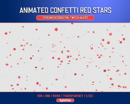 Stream alerts confetti red sparkle particles, animated Twitch overlay and decoration, falling red stars, full screen, transparent background