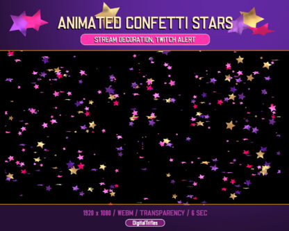 Twitch alerts obs followers, cheer, pink, purple and gold stars, animated stream overlay, full screen, transparent background. You get two animation options: confetti falling and confetti firework