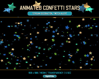 Twitch alerts glitter fireworks, animated sparkle blue, green and gold stars. Stream decoration, full screen, transparent background. You get two animation options: confetti falling and confetti firework