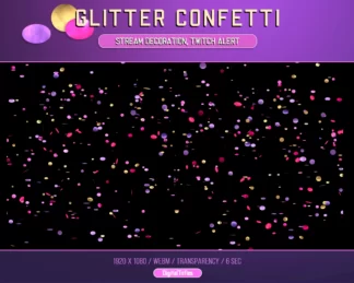 Twitch follower alert, animated overlays, pink purple and gold confetti. Stream decoration, full screen, transparent background. You get two animation options: confetti falling and confetti firework