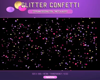 Twitch follower alert, animated overlays, pink purple and gold confetti. Stream decoration, full screen, transparent background. You get two animation options: confetti falling and confetti firework