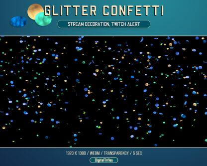 Stream follower alert, animated Twitch overlay, sparkle circle confetti, blue, green and gold 3d particles, full screen, transparent. You get two animation options: confetti falling and confetti firework