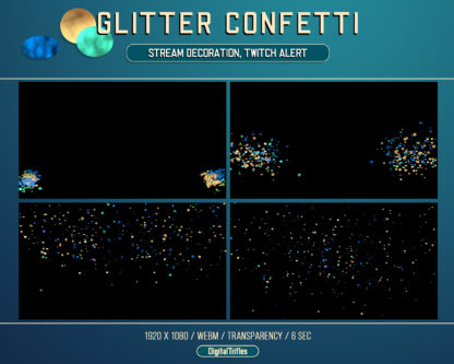 Stream follower alert, animated Twitch overlay, sparkle circle confetti, blue, green and gold 3d particles, full screen, transparent. You get two animation options: confetti falling and confetti firework