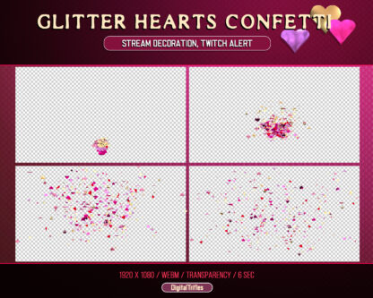 Twitch alerts heart confetti with a transparent background, animated fullscreen stream decoration. Add Twitch overlay sparkle pink and gold hearts 3D confetti to your streaming for a festive feel! Confetti can be used as a cool animated alert you received in cheering of your streaming channel, support, donation or celebration. This is perfect for new followers, subs, cheers, bits, gifts etc