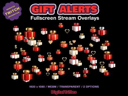Cute Twitch alert gifted subs, animated stream overlays, thanks a community for their support, cheers or subscriptions using animated alerts. Falling from sky red and white present boxes with golden decor and ribbons, fullscreen overlays with transparent background