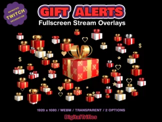 Cute Twitch alert gifted subs, animated stream overlays, thanks a community for their support, cheers or subscriptions using animated alerts. Falling from sky red and white present boxes with golden decor and ribbons, fullscreen overlays with transparent background