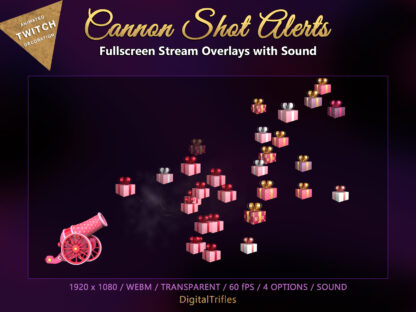 Cute animated pink Twitch alerts, stream overlays and fullscreen decorations, cannon shooting for streamers and vtubers. Funny shot cannon with icons cheer, subs, follow, donation alerts and with sound. Show love and appreciation to your community with pink, neon and gold holiday gun salutes - stars, hearts, dollars and gifts like confetti