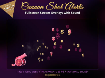 Cute animated pink Twitch alerts, stream overlays and fullscreen decorations, cannon shooting for streamers and vtubers. Funny shot cannon with icons cheer, subs, follow, donation alerts and with sound. Show love and appreciation to your community with pink, neon and gold holiday gun salutes - stars, hearts, dollars and gifts like confetti
