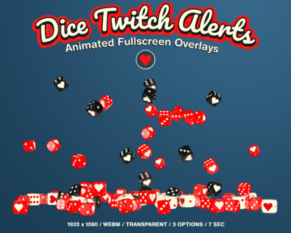 Animated dice Twitch alerts with transparent background, falling cubes with classic pips and image hearts, stars, money. New followers, donations, cheer, gifts subs etc. Stream decoration for game streaming or just chatting for streamers and Vtubers