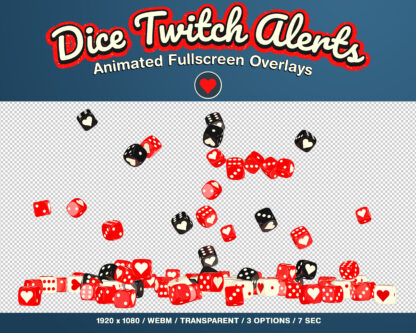 Animated dice Twitch alerts with transparent background, falling cubes with classic pips and image hearts, stars, money. New followers, donations, cheer, gifts subs etc. Stream decoration for game streaming or just chatting for streamers and Vtubers