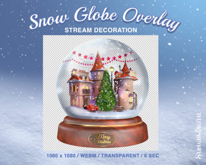 Animated Snow Globe — Christmas Twitch overlay, cozy stream decoration for streamers and Vtubers. Inside the sphere is a wonderful Christmas spirit - snowfall, winter village, Xmas tree, Santa's sleigh and fairy lights