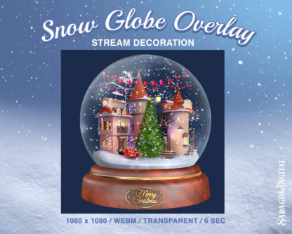 Animated Snow Globe — Christmas Twitch overlay, cozy stream decoration for streamers and Vtubers. Inside the sphere is a wonderful Christmas spirit - snowfall, winter village, Xmas tree, Santa's sleigh and fairy lights