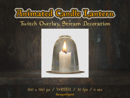Animated candle lantern Twitch overlay, stream decoration, streamer and vtuber assets. Candle with glass holder for game room, cozy fairy garden, green witch, wiccan altar. Cottagecore, witchcore, dark academia decor for game streaming, just chatting