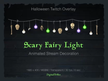 Halloween stream decoration, cute animated Twitch overlay, scary lights string with skull bulbs, vtuber and streamer asset. For decorating a horror Twitch scene, Vtuber room or background for just chatting