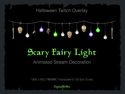 Halloween stream decoration, cute animated Twitch overlay, scary lights string with skull bulbs, vtuber and streamer asset. For decorating a horror Twitch scene, Vtuber room or background for just chatting