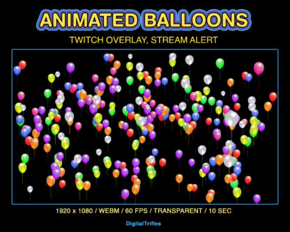 Multi color Twitch overlay animated balloons, cute stream alert, fullscreen decoration with transparent background. Suitable to celebrate new followers, cheers, support, donation or celebration, bits, tips, gift subs for streamers and VTubers