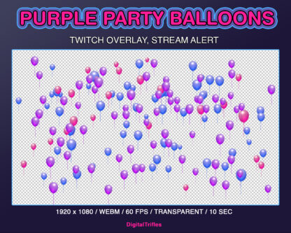 Pink, blue and purple balloons animated Twitch alert, cute fullscreen stream overlay with transparent background. For celebrate new followers, subscribers, cheers, donation, bits, tips, gift subs or celebration birthday for streamers and VTubers