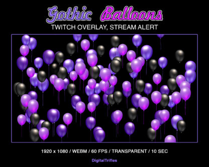 Gothic balloons Twitch overlay, purple and black animated alert, stream decoration with transparent background. For show new followers, subscribers, cheers, donation, tips, gift subs, witches celebration or Halloween party for streamers and VTubers