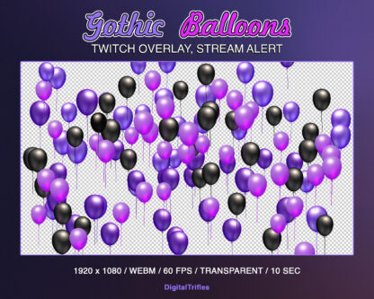 Gothic balloons Twitch overlay, purple and black animated alert, stream decoration with transparent background. For show new followers, subscribers, cheers, donation, tips, gift subs, witches celebration or Halloween party for streamers and VTubers